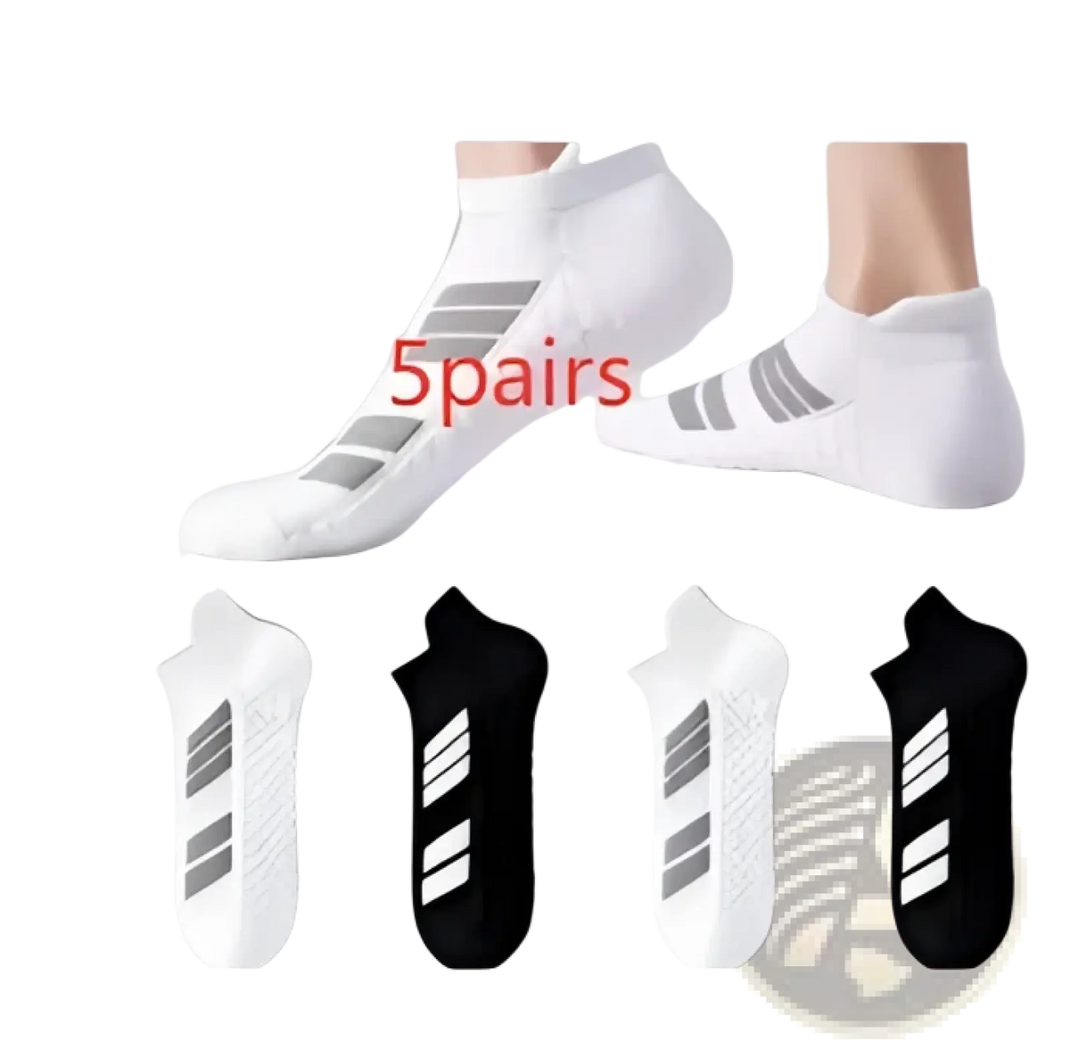 Men athletic sports socks cushioned footbed sweat absorbing white and black with gray three-stripe breathable mesh design
