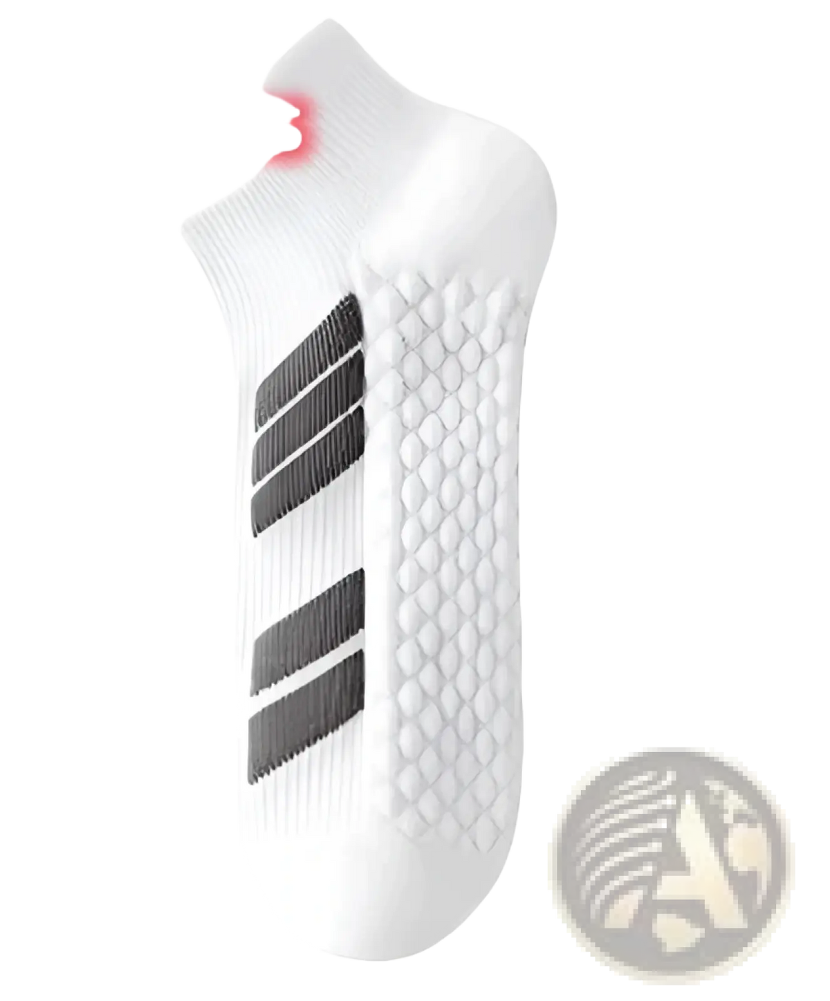 White men athletic sports socks with black three stripe design cushioned footbed and textured grip sole