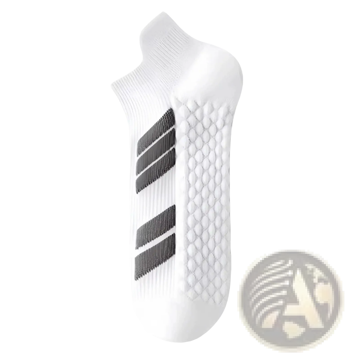 Men athletic sports sock in white with black 三条纹 stripes and a cushioned honeycomb-patterned sole for sweat absorption