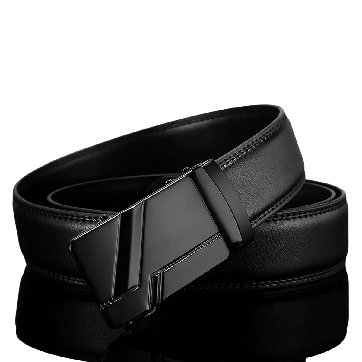 Men automatic buckle black PU leather dress belt with sleek matte finish metal buckle and angular design lines