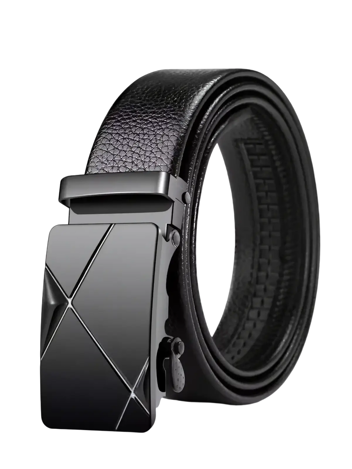 Men automatic buckle black PU leather dress belt with black leather strap and geometrically patterned metal buckle