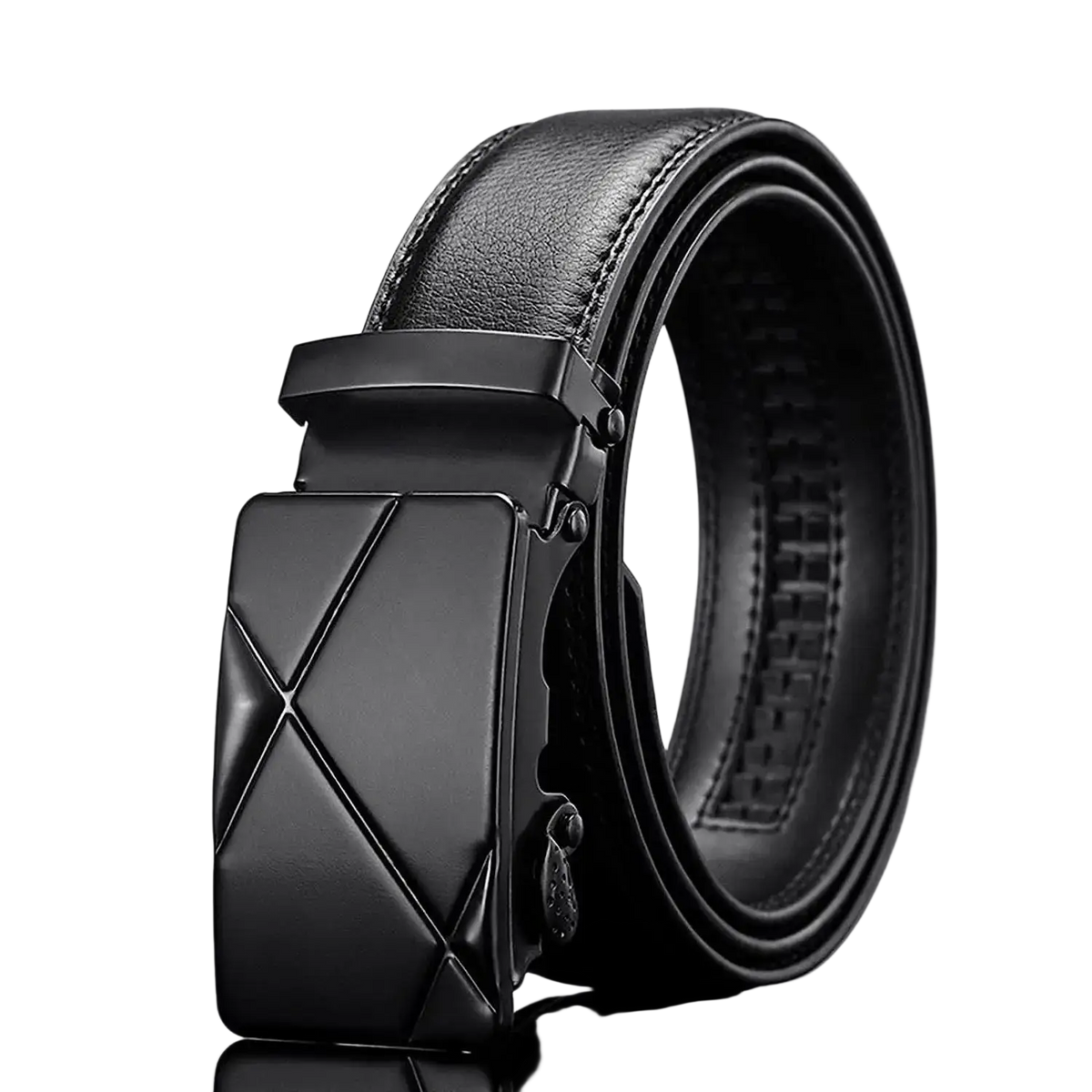 Black leather dress belt with a sleek geometric-patterned black automatic buckle for men formal wear