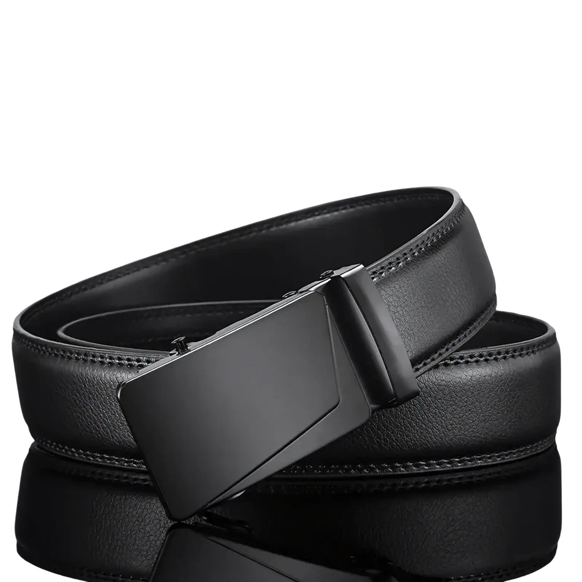 Men automatic buckle black PU leather dress belt with black leather strap and sleek matte finish metal buckle