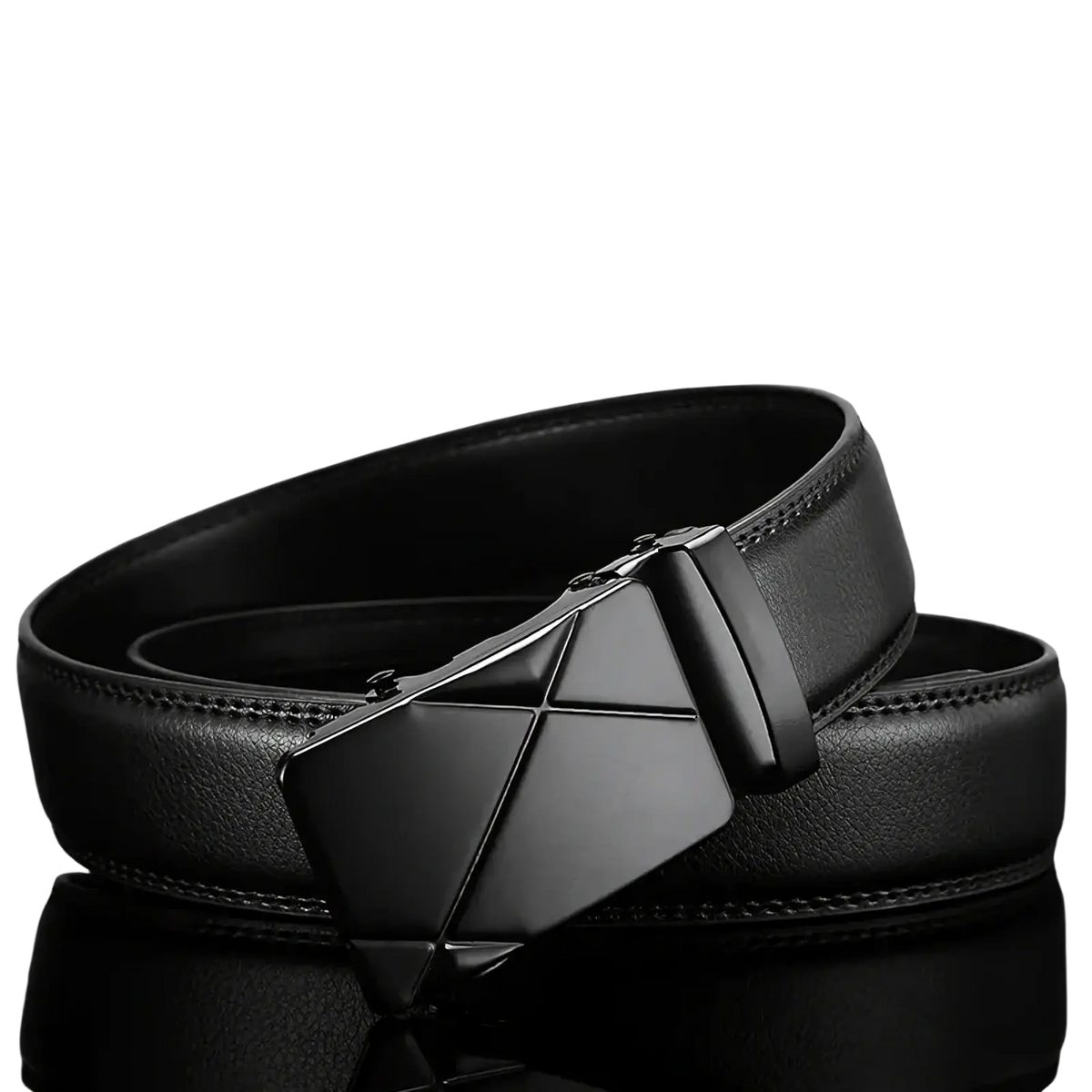 Men automatic buckle black pu leather dress belt with sleek geometrically patterned black leather buckle
