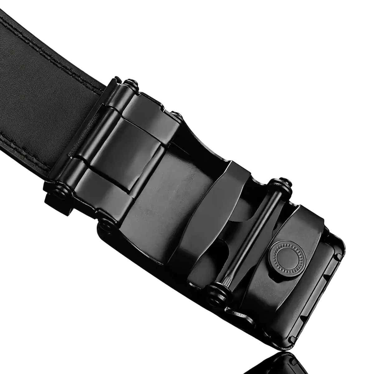 Black pu leather dress belt for men with a sleek matte-finished metal automatic buckle