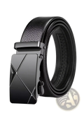 Men automatic buckle black PU leather dress belt with black leather strap and geometrically patterned metal buckle