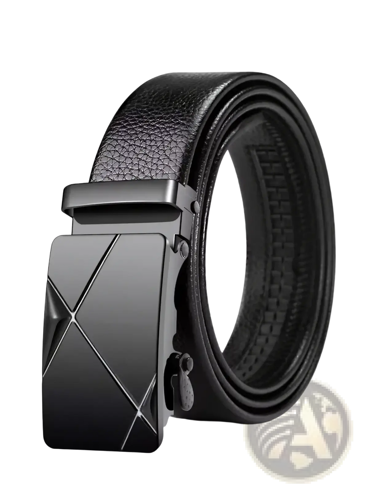 Men automatic buckle black PU leather dress belt with black leather strap and geometrically patterned metal buckle