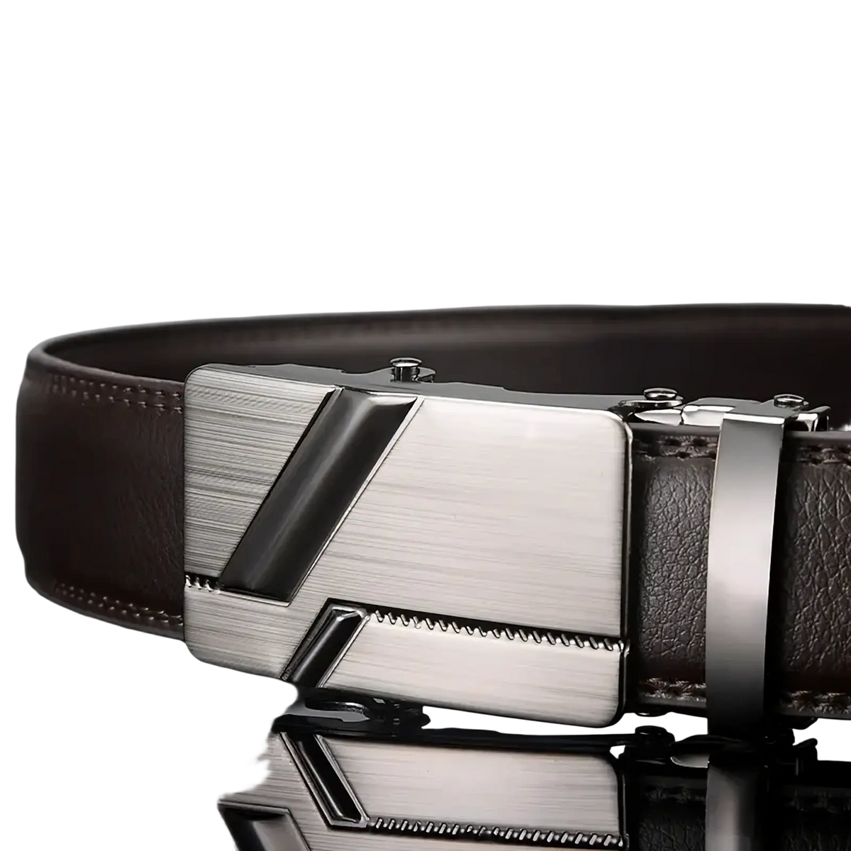 Men automatic buckle brown leather dress belt with sleek silver-toned metal buckle and modern geometric design