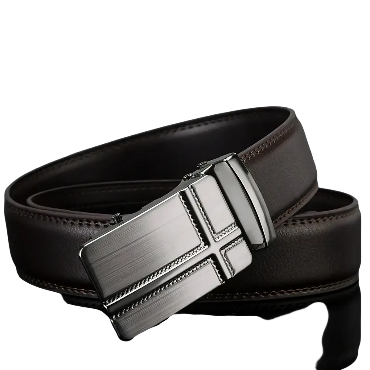 Men automatic buckle black pu leather dress belt with brown leather and silver-toned embossed crosshatch buckle