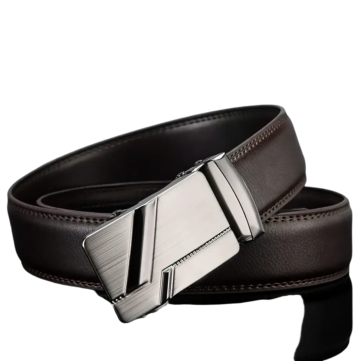 Men automatic buckle brown leather dress belt with sleek silver-toned brushed metallic angular buckle
