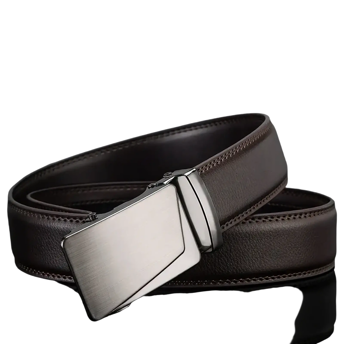 Brown leather dress belt with a sleek silver toned automatic buckle for men in black pu leather design