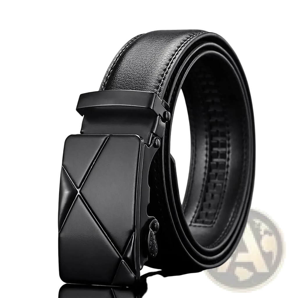 Men automatic buckle black pu leather dress belt with matte black geometrically patterned automatic buckle
