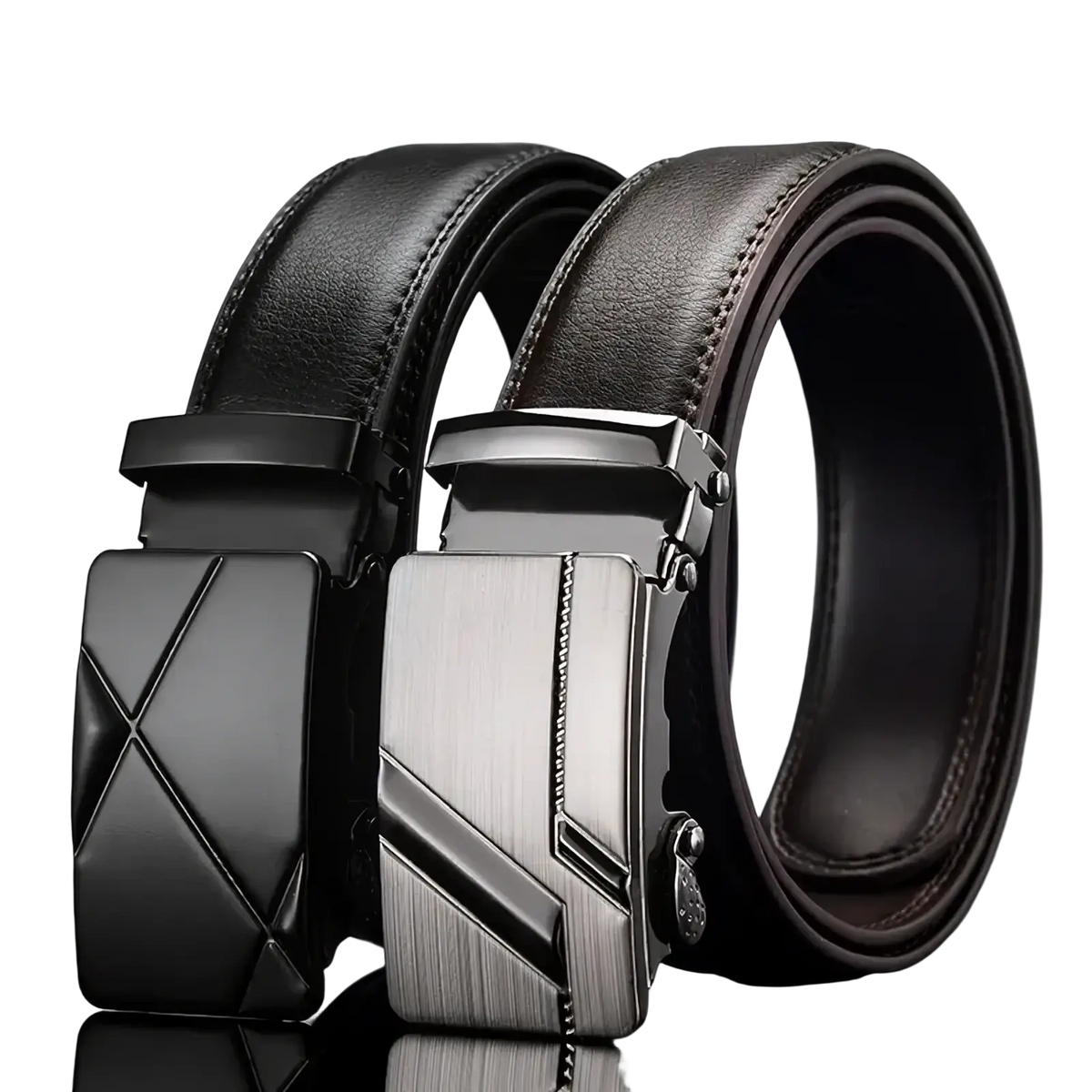 Men automatic buckle black pu leather dress belts featuring stitched leather straps with black and silver buckles