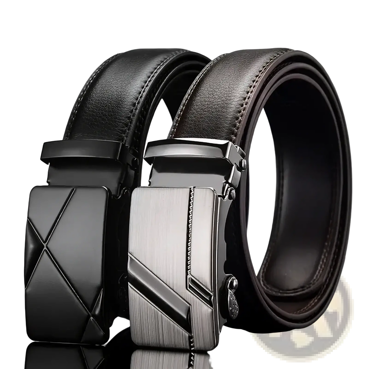 Men automatic buckle black pu leather dress belts featuring stitched leather straps with black and silver buckles