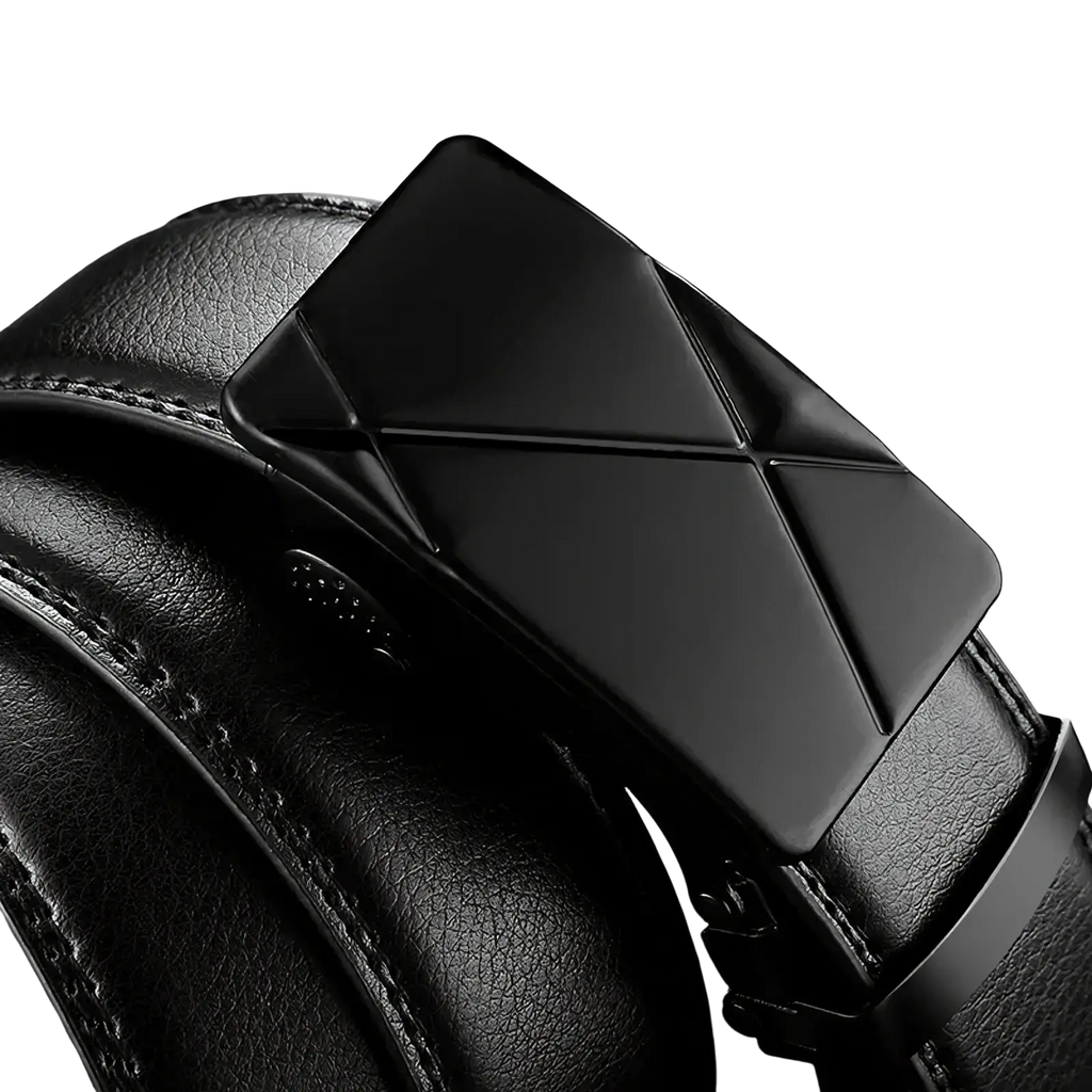 Men automatic buckle black pu leather dress belt with sleek geometrically designed matte black buckle