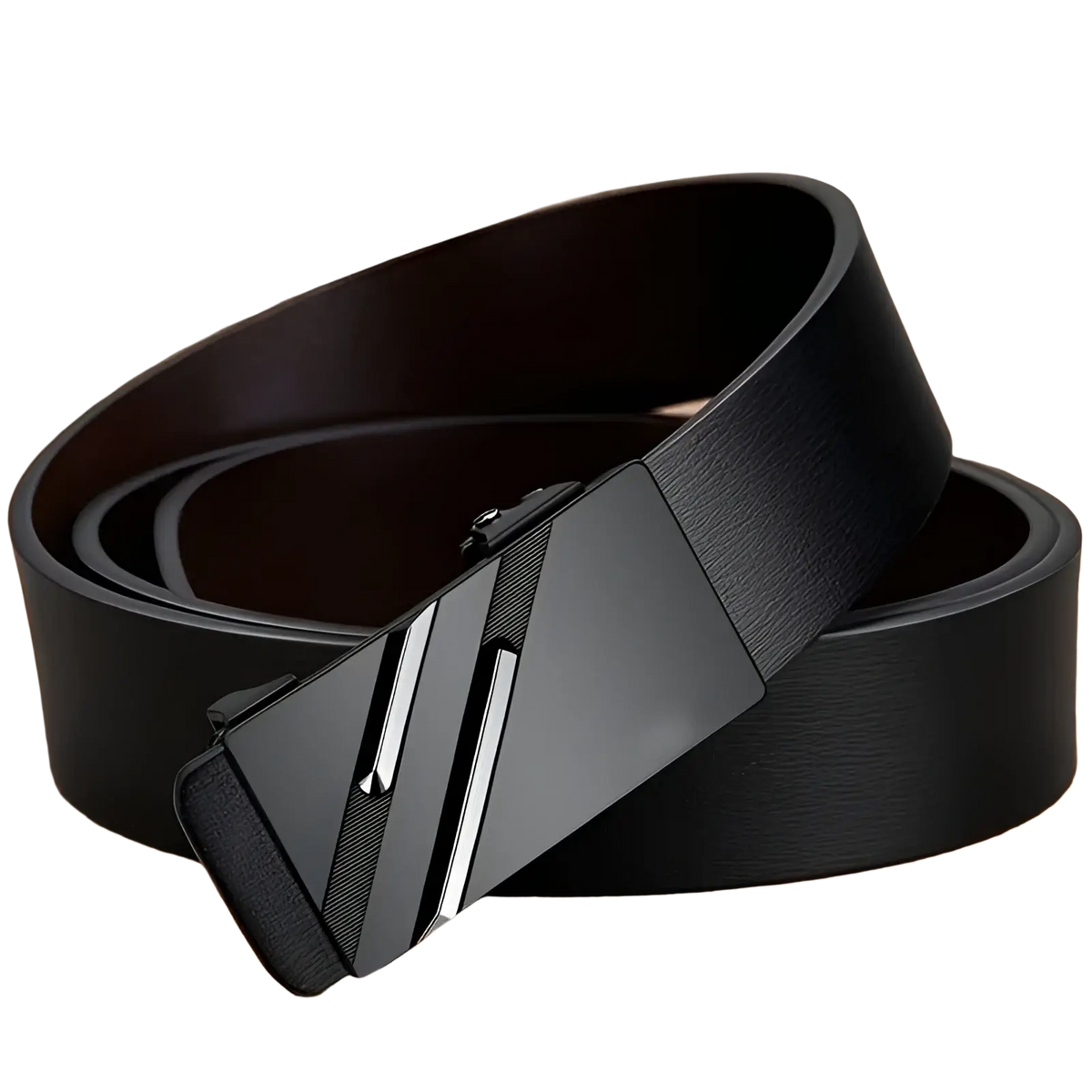 Men automatic buckle synthetic leather belt in black with a sleek modern buckle featuring two silver diagonal stripes