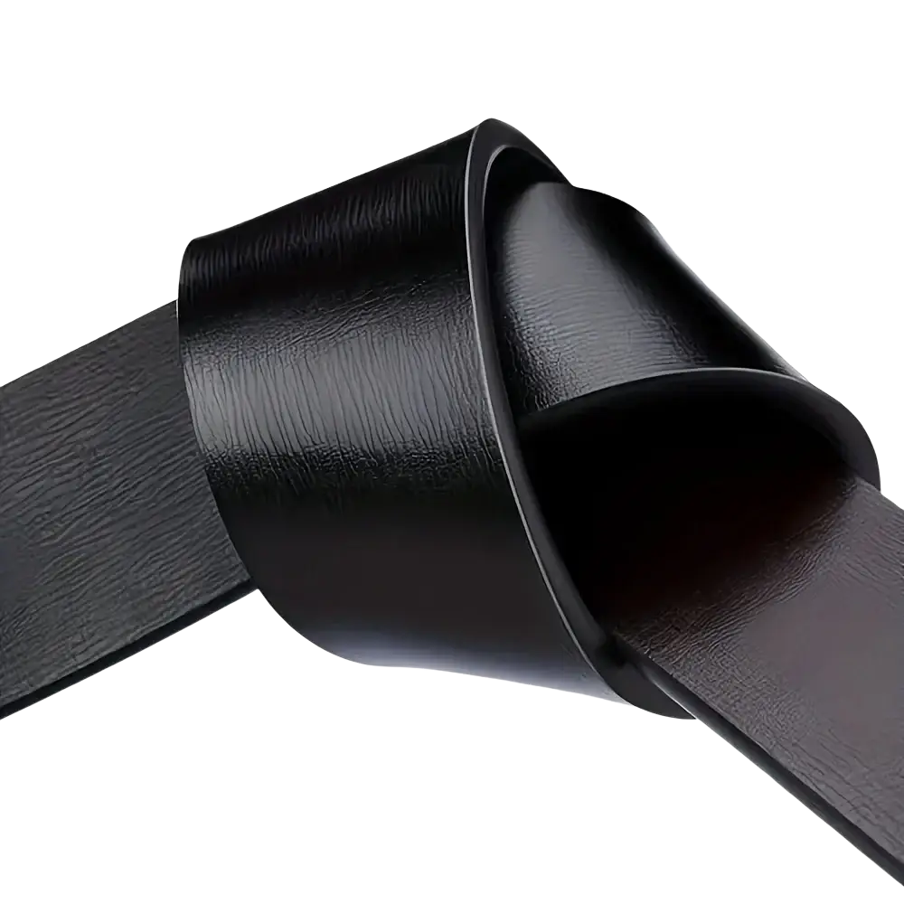 Black leather men automatic buckle synthetic leather belt with smooth slightly textured surface and minimalist design