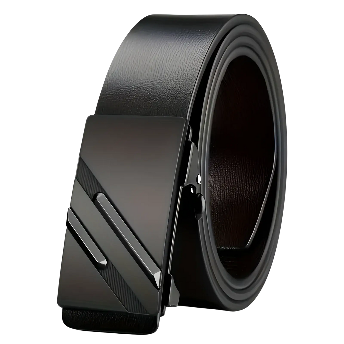 Black synthetic leather men automatic buckle belt with sleek matte metal buckle featuring diagonal grooves