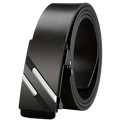 Men automatic buckle synthetic leather belt in black with a sleek modern buckle featuring two silver diagonal stripes