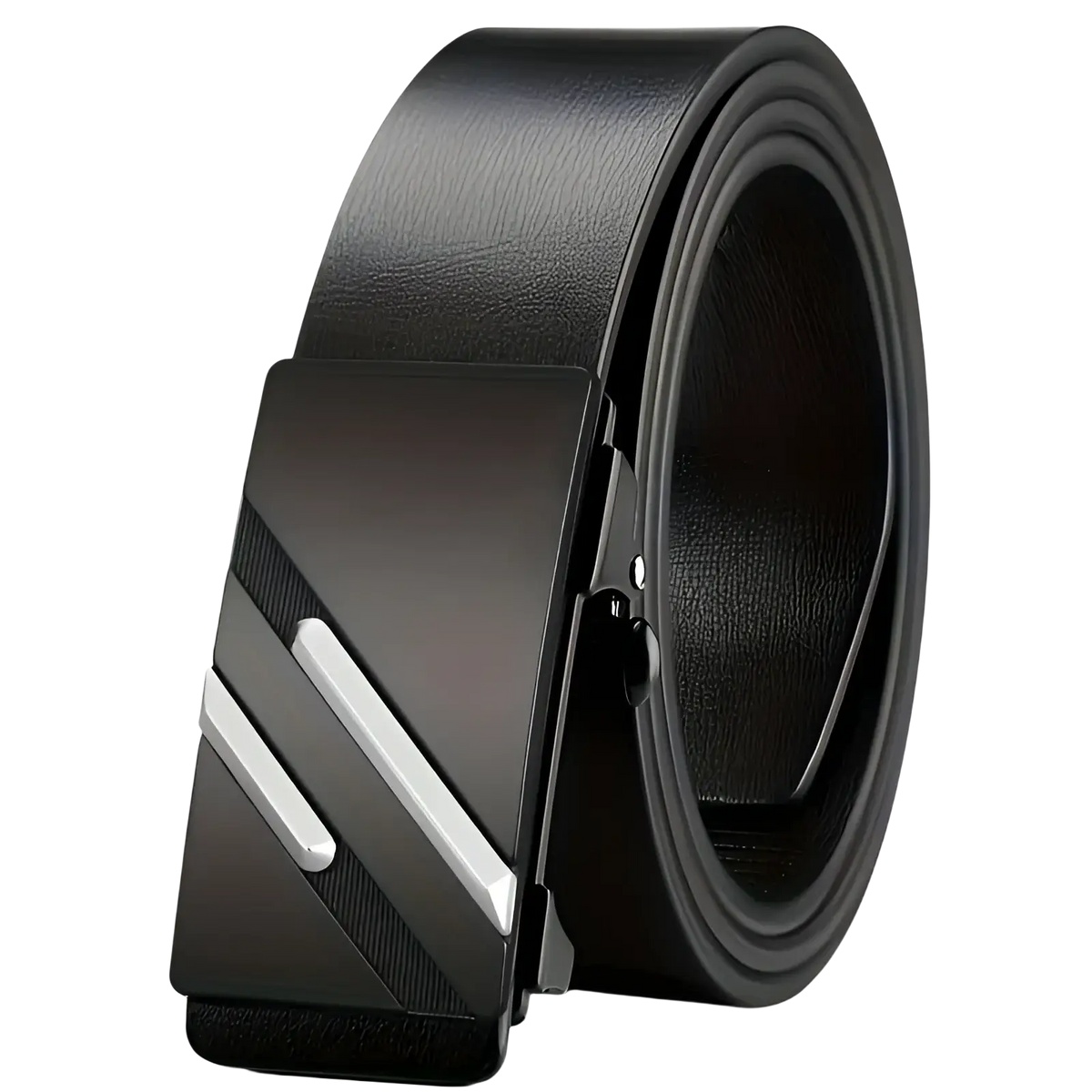Men automatic buckle synthetic leather belt in black with a sleek modern buckle featuring two silver diagonal stripes