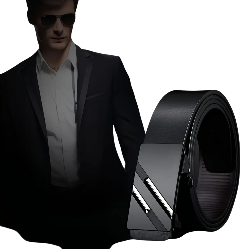 Black synthetic leather belt for men with a sleek silver-toned automatic buckle featuring diagonal metallic stripes