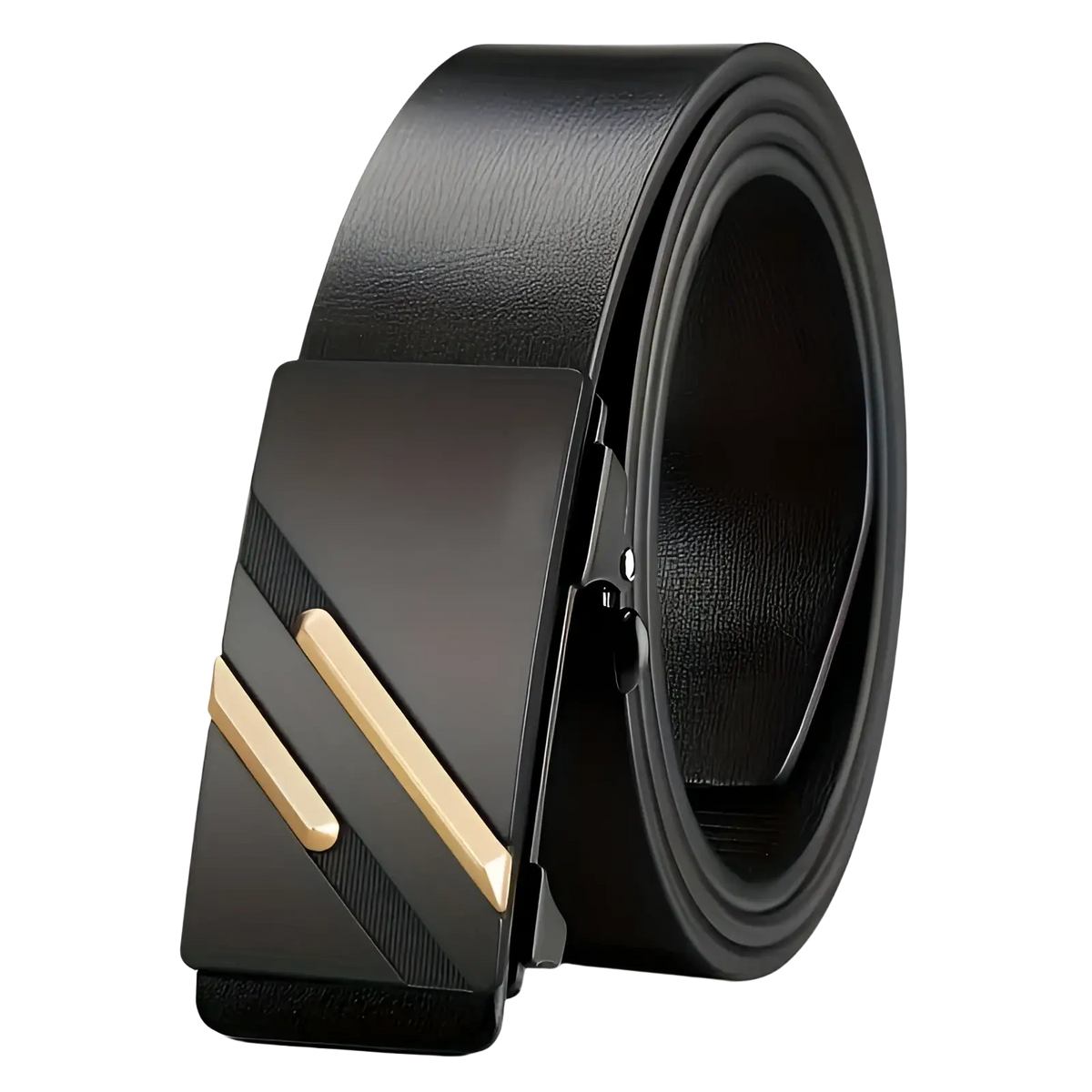 Men automatic buckle synthetic leather belt in black with a sleek modern buckle featuring two gold-tone diagonal stripes