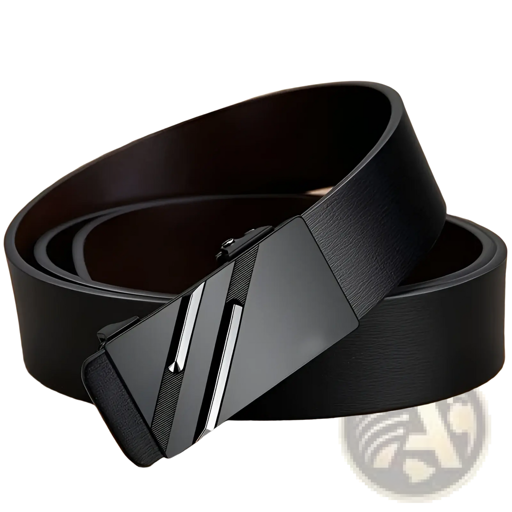 Men automatic buckle synthetic leather belt in black with a sleek modern buckle featuring two silver diagonal stripes
