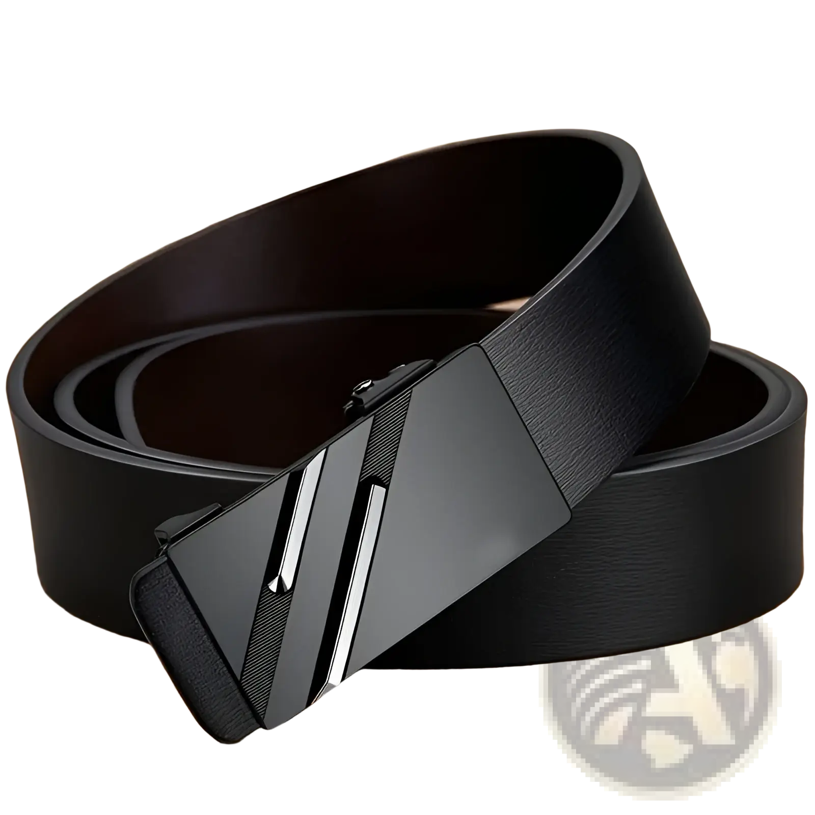 Men automatic buckle synthetic leather belt in black with a sleek modern buckle featuring two silver diagonal stripes