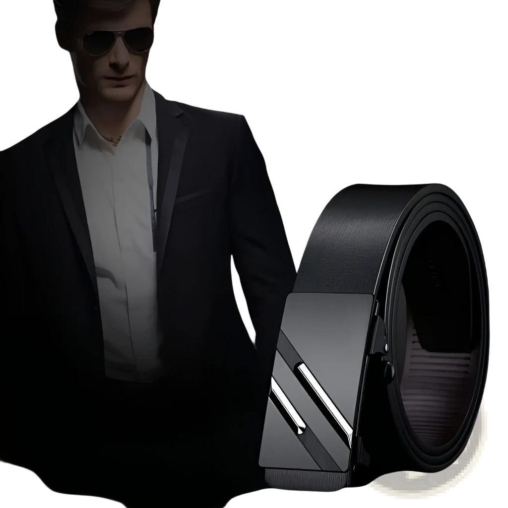 Black synthetic leather belt for men with a sleek silver-toned automatic buckle featuring diagonal metallic stripes