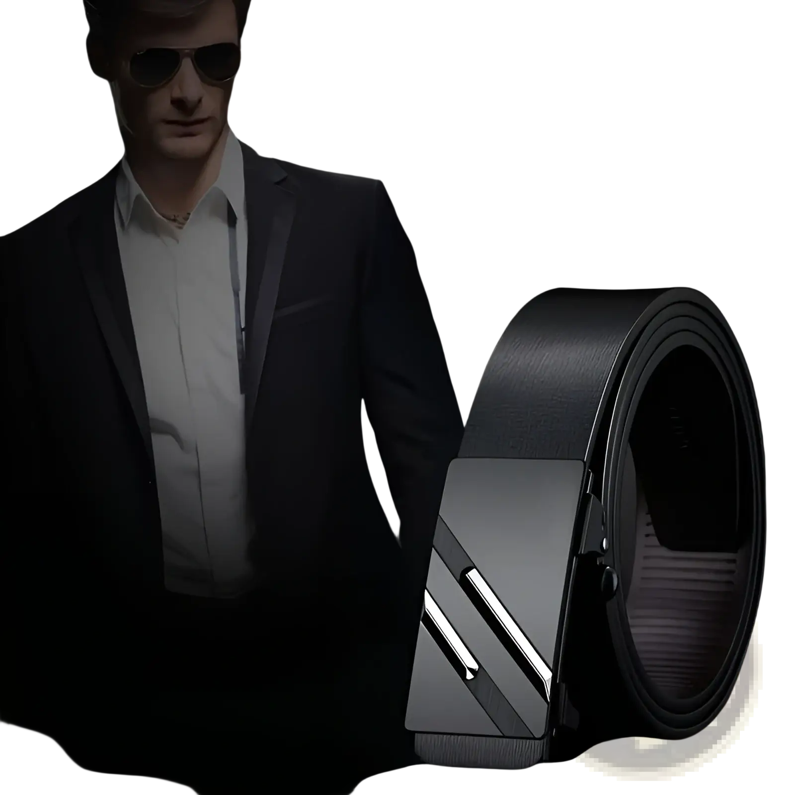 Black synthetic leather belt for men with a sleek silver-toned automatic buckle featuring diagonal metallic stripes