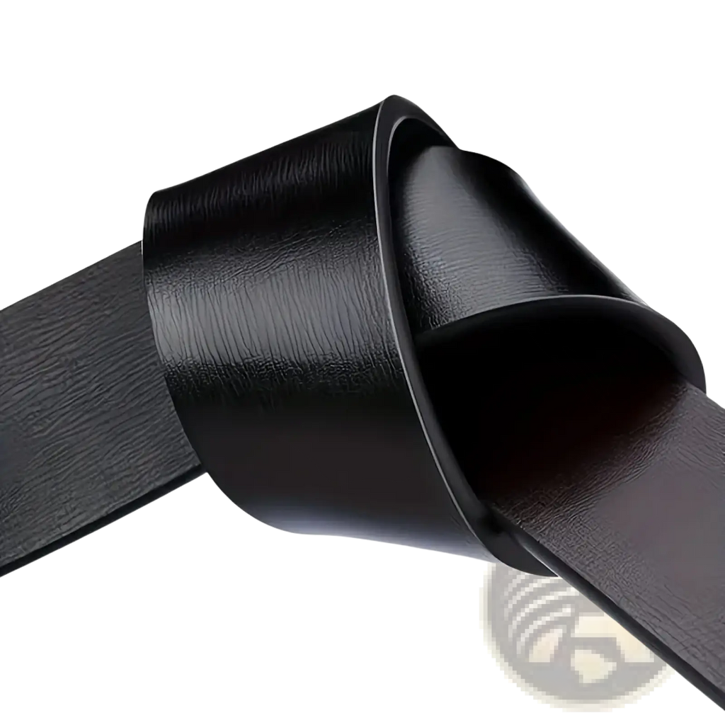 Black leather men automatic buckle synthetic leather belt with smooth slightly textured surface and minimalist design