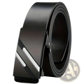 Men automatic buckle synthetic leather belt in black with a sleek modern buckle featuring two silver diagonal stripes