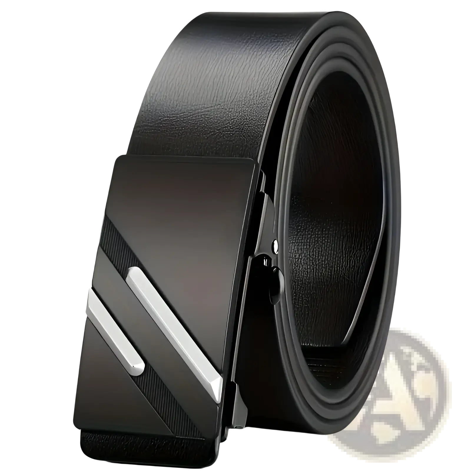 Men automatic buckle synthetic leather belt in black with a sleek modern buckle featuring two silver diagonal stripes