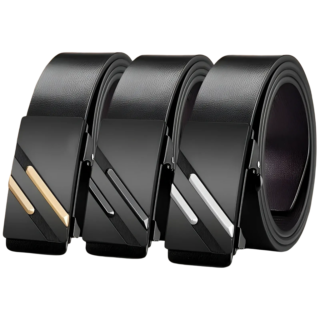 Three black synthetic leather men’s belts with automatic buckles featuring gold and silver diagonal metallic accents