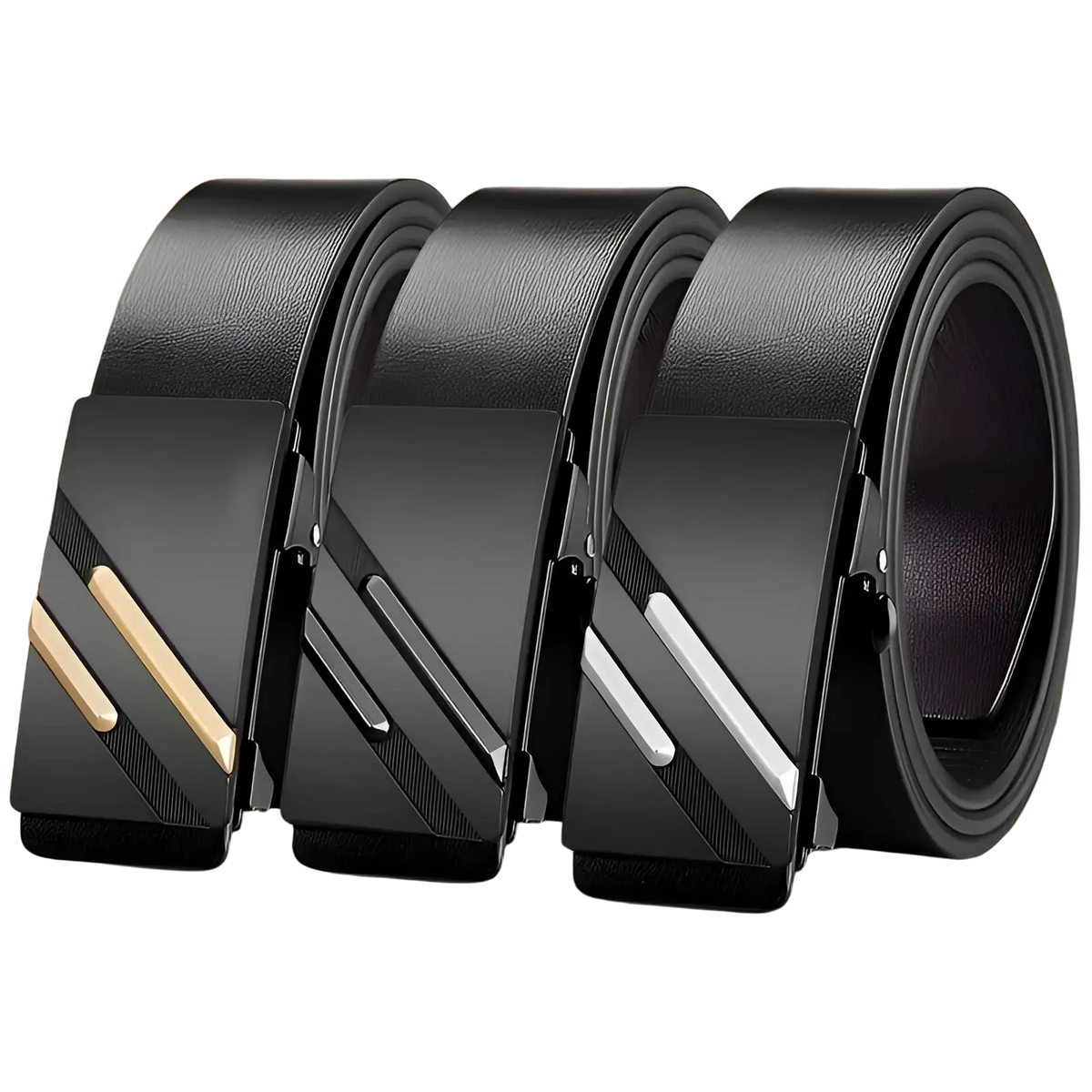Three black synthetic leather men’s belts with automatic buckles featuring gold and silver diagonal metallic accents