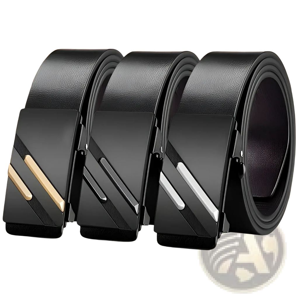 Three black synthetic leather men’s belts with automatic buckles featuring gold and silver diagonal metallic accents