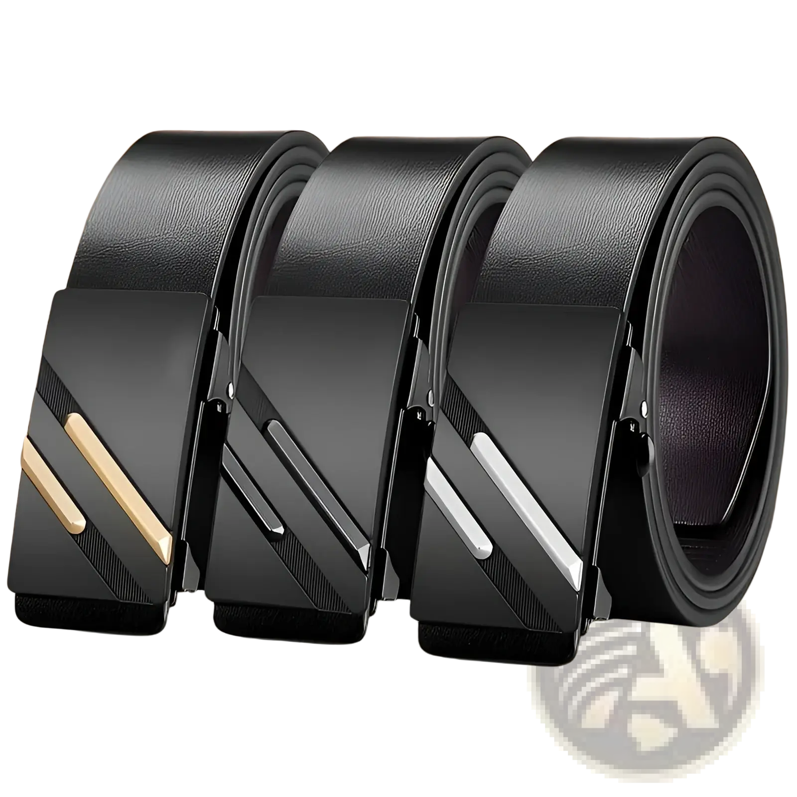 Three black synthetic leather men’s belts with automatic buckles featuring gold and silver diagonal metallic accents