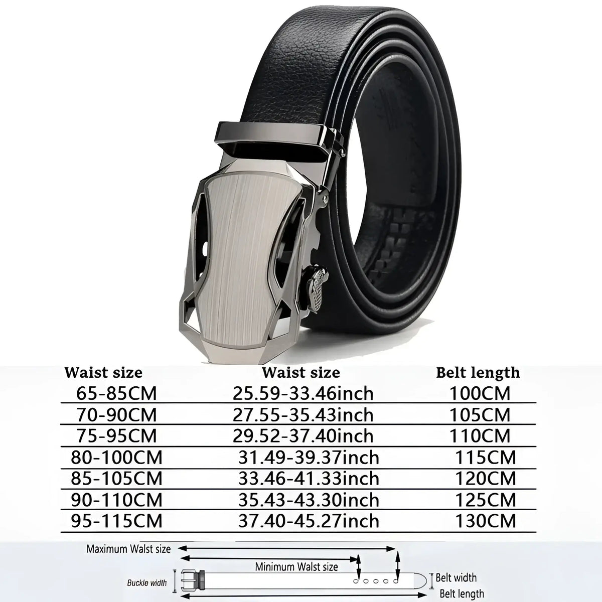 Black leather men automatic belt with a silver-toned automatic buckle for formal or casual use