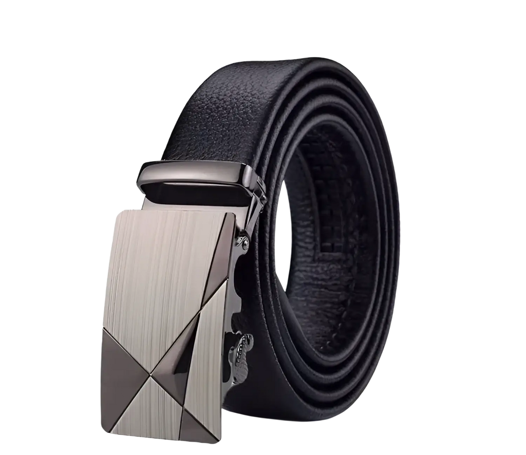 Black leather men automatic belt with a sleek geometrically patterned silver-toned automatic buckle
