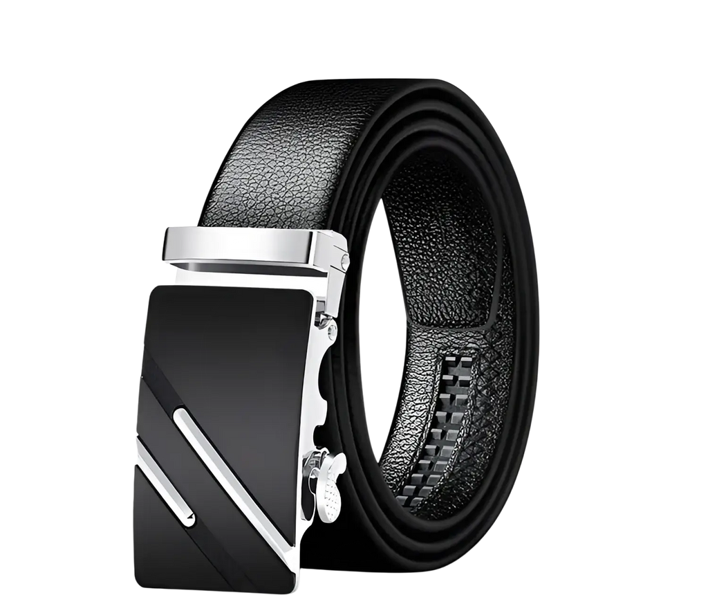 Men automatic leather belt in black with a sleek silver-toned automatic buckle featuring diagonal accent lines