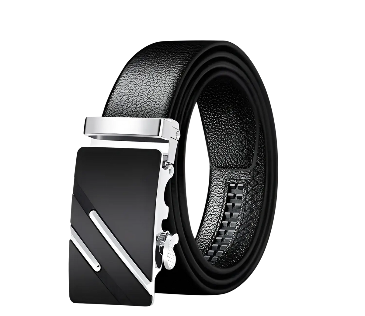 Men automatic leather belt in black with a sleek silver-toned automatic buckle featuring diagonal accent lines