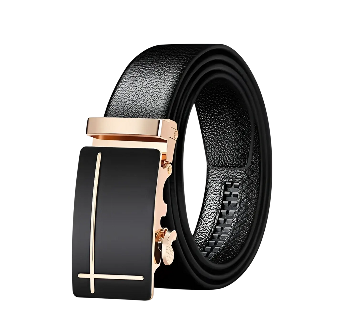 Men automatic leather belt in black with a sleek rose gold-toned automatic buckle featuring a minimalist cross design