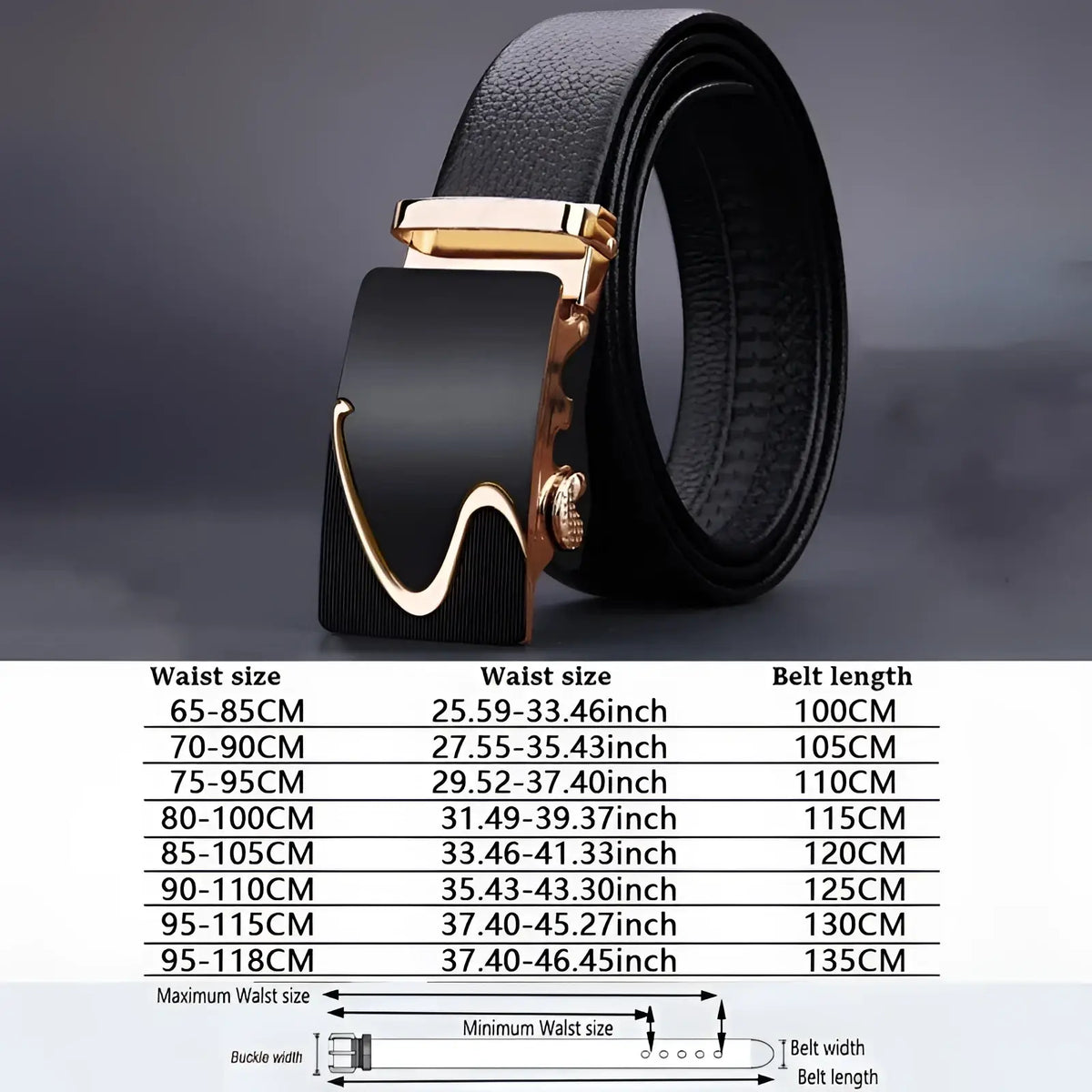 Men automatic leather belt featuring a black leather strap with a gold toned automatic buckle and modern design