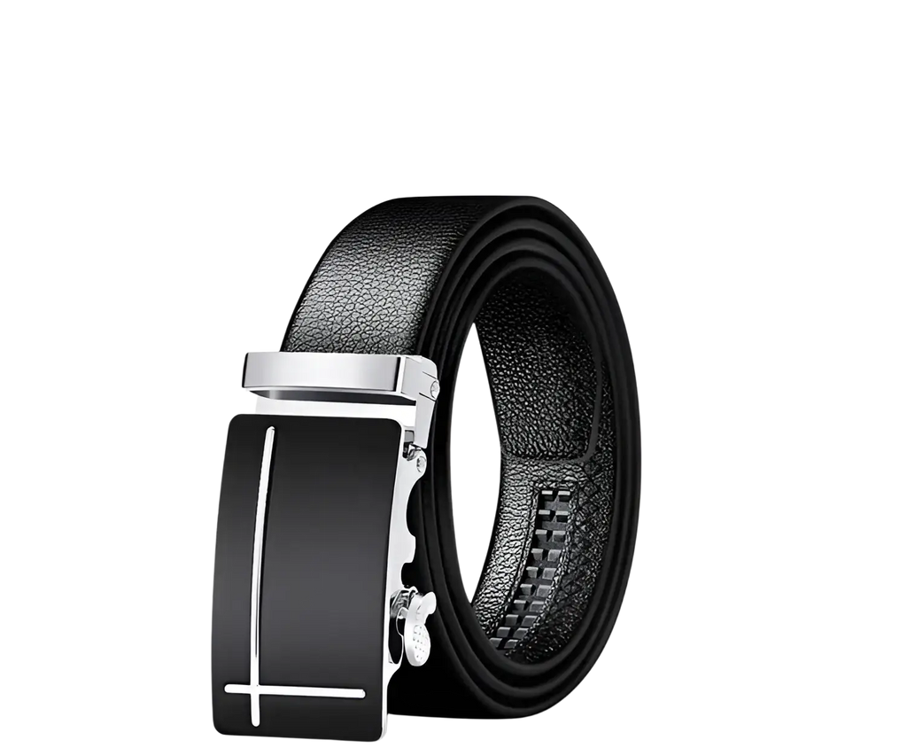 Men automatic leather belt in black with a sleek rectangular silver-toned buckle and minimalist white line detailing