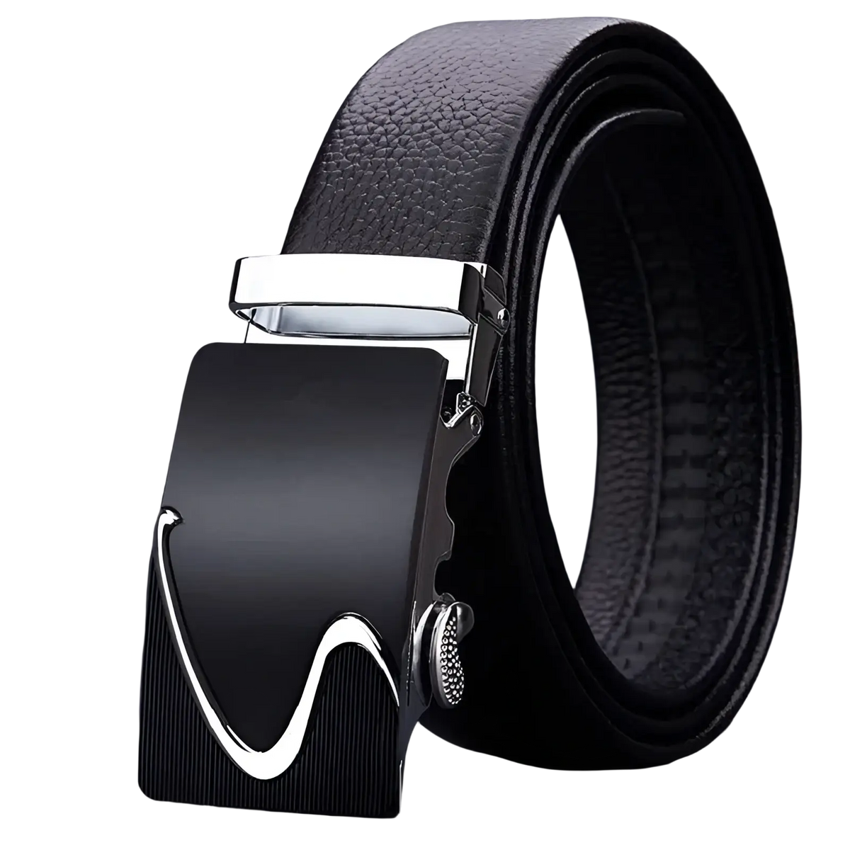 Men automatic leather belt in black with a matte finish silver wave design buckle featuring Coolerfire logo