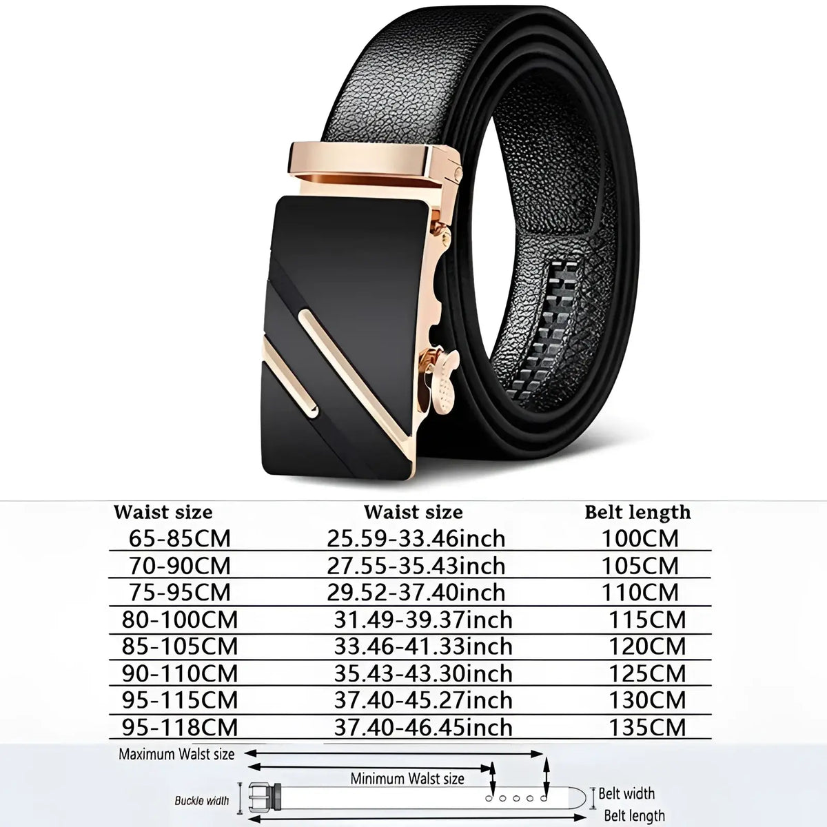 Men automatic leather belt black with sleek modern buckle featuring rose gold accents and diagonal stripes