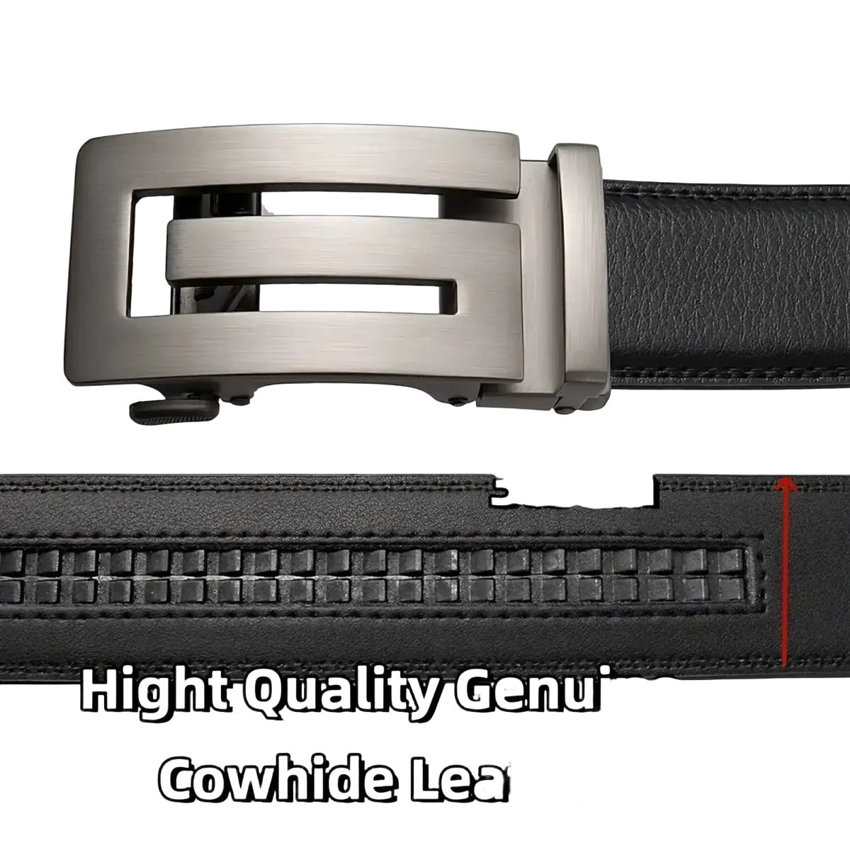 Men automatic leather belt in black leather with a sleek brushed silver angular metal buckle for formal wear