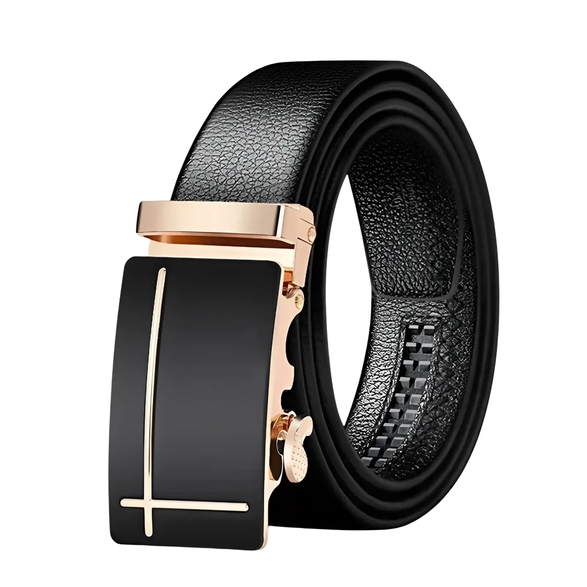 Men automatic leather belt in black with a rose gold automatic buckle and sleek minimalist coolerfire logo design