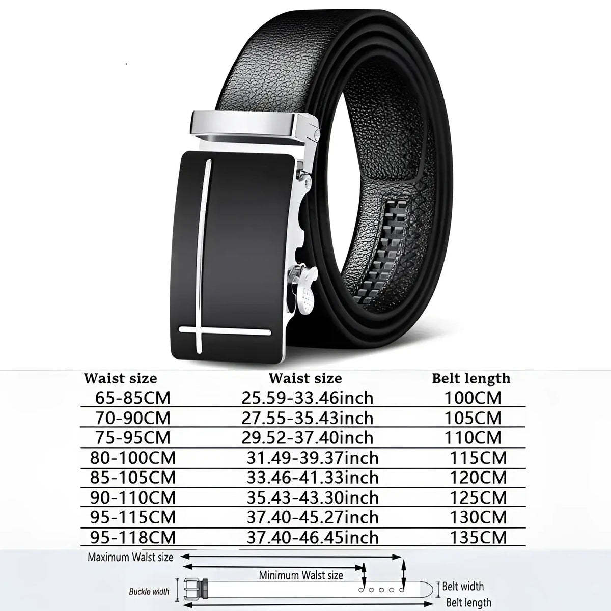 Men automatic leather belt in black with a sleek modern silver-toned buckle and black rectangular plate