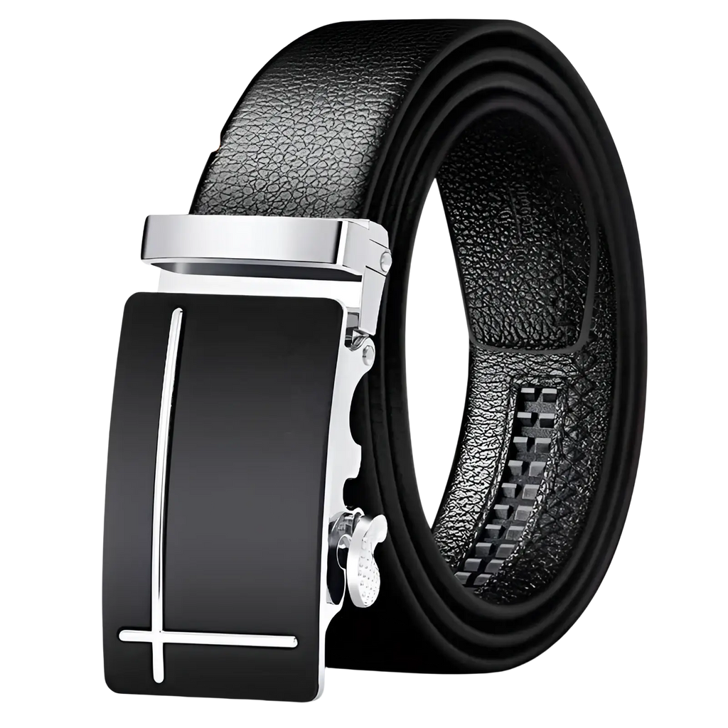 Men automatic leather belt in black with a silver-toned minimalist automatic buckle featuring coolerfire logo